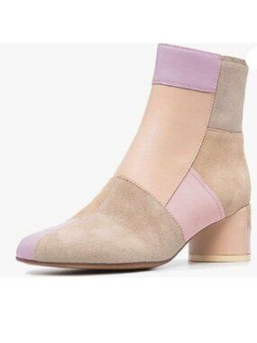 YDN Lightpink Round Toe Block Low Heels Side Zipper Spliced Suede Ankle Boots